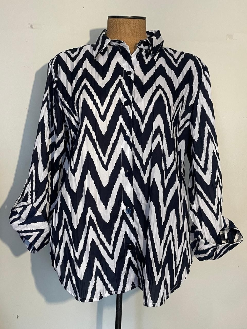 Chico's Navy and Ivory Zigzag Button-Down Shirt